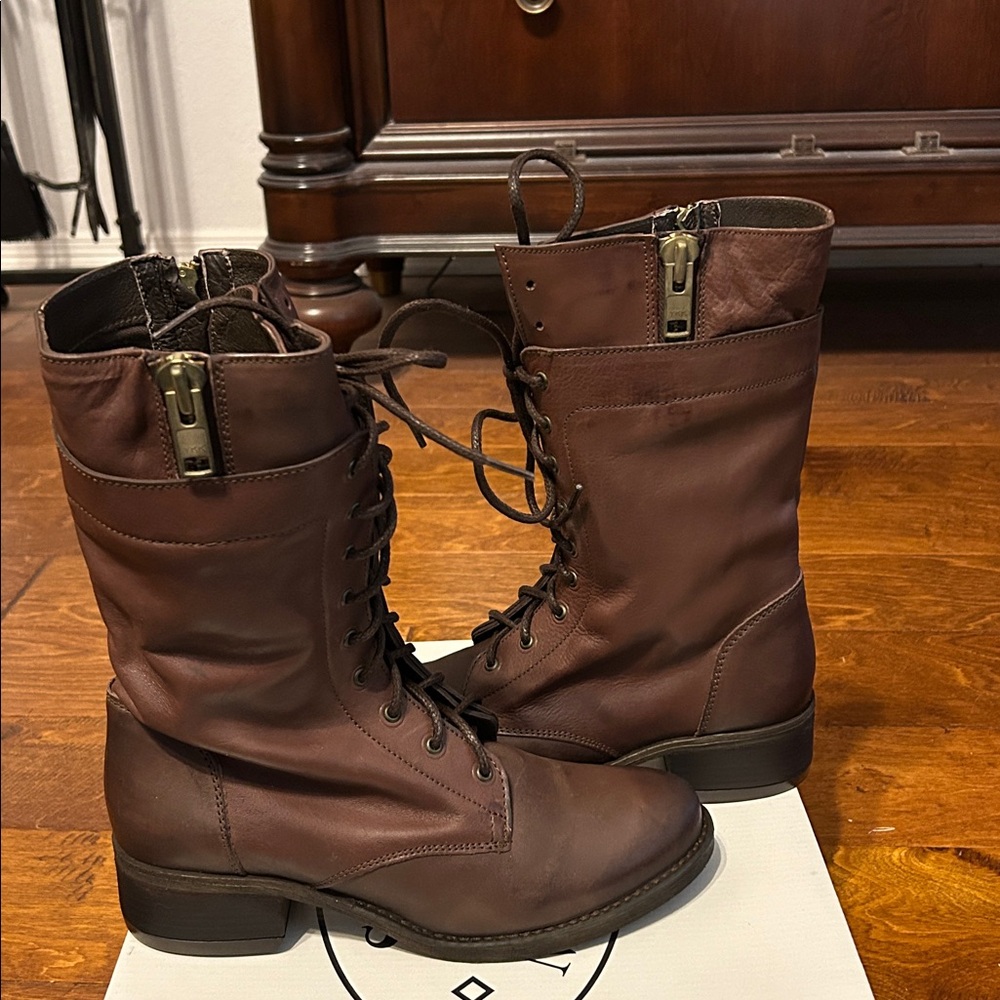 Steve Madden Leader Brown Leather Side Zip Lace Up Boot. Size 9. NIB - Picture 3 of 16